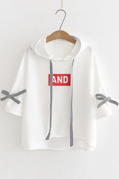 AND LETTER Printed Bow Tied Cuff Short Sleeve Hooded Tee