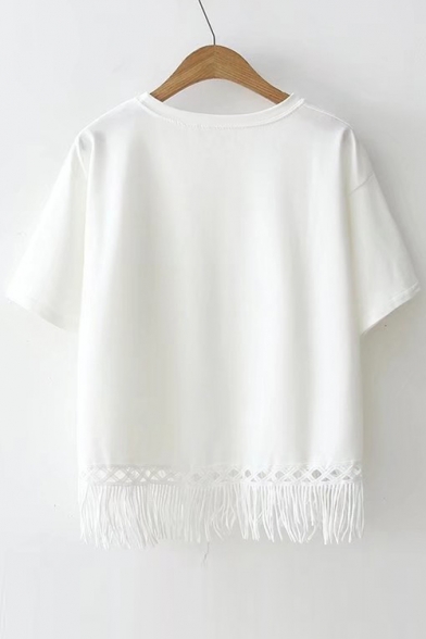 Bear Letter Printed Round Neck Short Sleeve Tee with Tassel