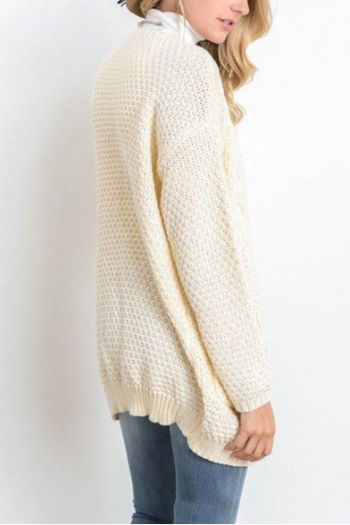 Cable Knit Collarless Plain Long Sleeve Tunic Cardigan