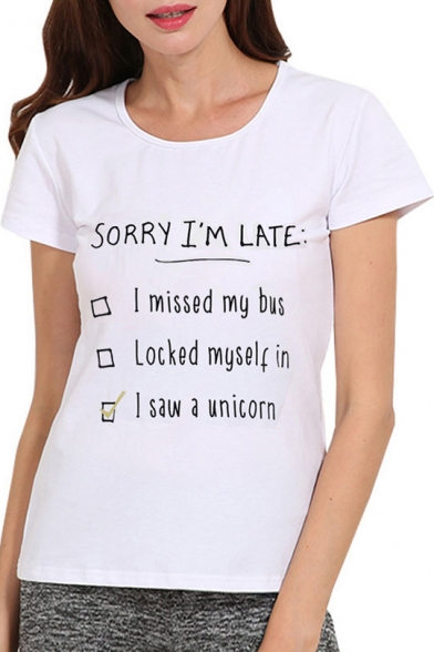 Comic SORRY I'M LATE Letter Printed Round Neck Short Sleeve Tee