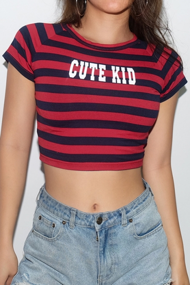 CUTE KID Letter Striped Printed Round Neck Short Sleeve Crop Tee