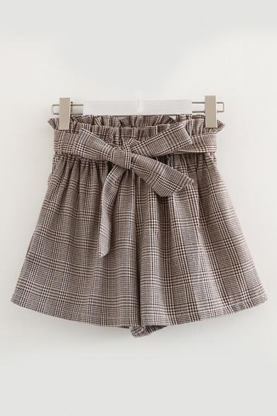 Elastic Waist Plaid Printed Bow Tied Front Loose Shorts