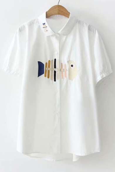 Fish Bone Embroidered Lapel Collar Buttons Down Short Sleeve Shirt