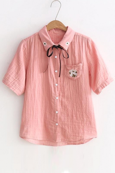 Floral Embroidered Lapel Collar Short Sleeve Buttons Down Shirt with Bow