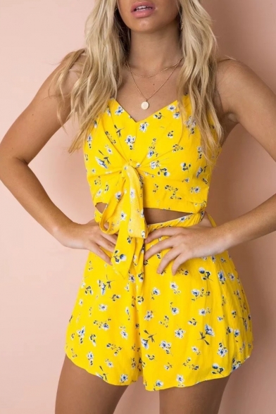 Floral Printed Hollow Out Tied Front Spaghetti Straps Sleeveless Romper
