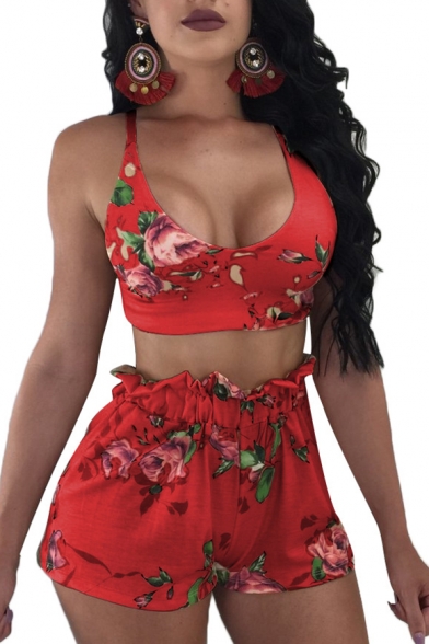 Floral Printed Spaghetti Straps Sleeveless Crop Cami with Elastic Waist Loose Shorts Co-ords