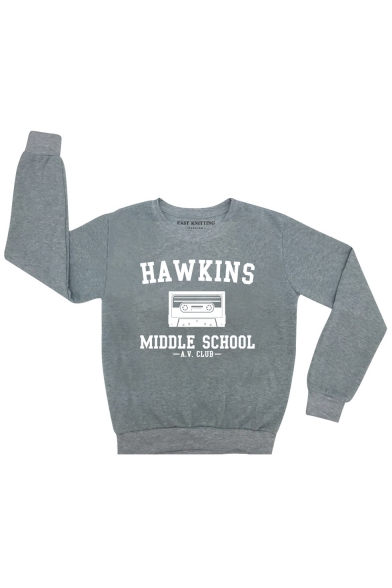 

HAWKINS Letter Magnetic Tape Printed Round Neck Long Sleeve Sweatshirt, Black;burgundy;gray, LC473559