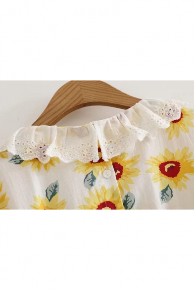 Lace Insert Doll Collar Sun Flower Printed Short Sleeve Midi A-Line Dress