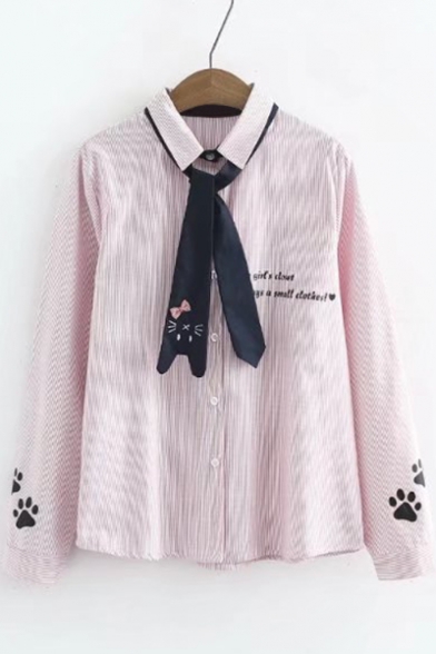 Letter Embroidered Lapel Collar Long Sleeve Buttons Down Striped Shirt with Tie