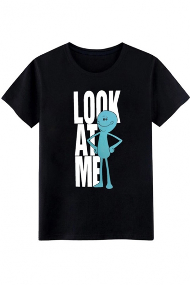 LOOK AT ME Letter Cartoon Printed Round Neck Short Sleeve Tee