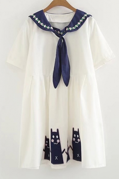 Navy Collar Cat Floral Embroidered Short Sleeve Mini A-Line Dress