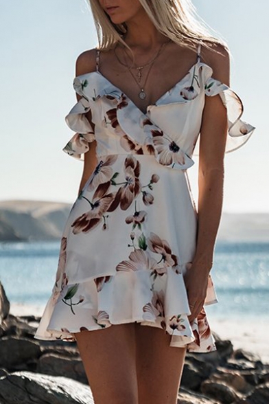 Off The Shoulder Short Sleeve V Neck Floral Printed Ruffle Detail Mini A-Line Dress