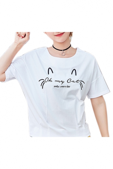 OH MY CAT Letter Printed Round Neck Short Sleeve Tee