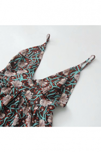 Retro Floral Printed Open Back Sleeveless Midi Cami Dress