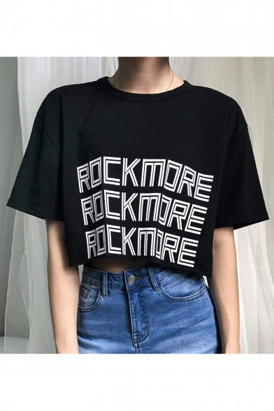 ROCK MORE Letter Printed Round Neck Short Sleeve Crop Tee