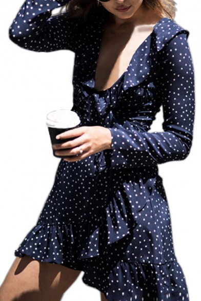 Ruffle Detail V Neck Polka Dot Printed Long Sleeve Mini Asymmetric Hem Dress