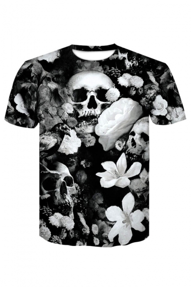 3D Skull Floral Printed Round Neck Short Sleeve Loose Tee