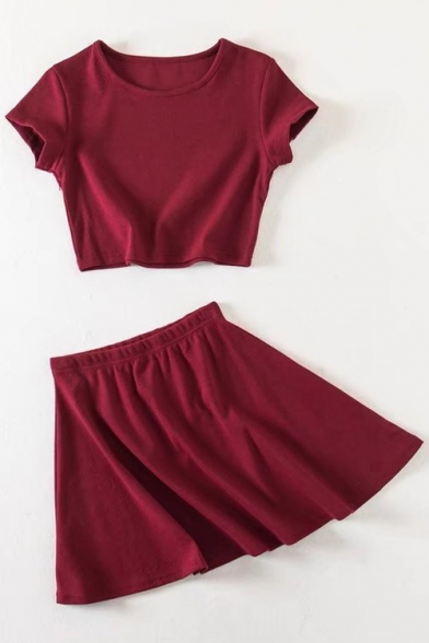 Basic Plain Round Neck Short Sleeve Crop Tee with Mini A-Line Skirt Co-ords