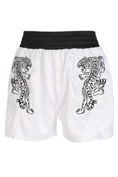Chic Tiger Embroidered Elastic Waist Loose Shorts