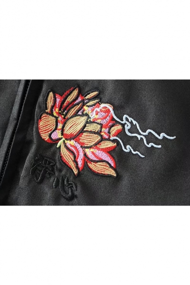 Color Block Floral Dragon Embroidered Stand Up Collar Long Sleeve Zip Up Reversible Baseball Jacket