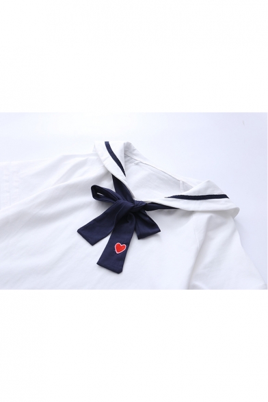 Contrast Striped Navy Collar Bow Tie Embellished Short Sleeve Tee
