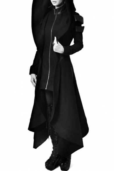 Cool Patchwork Long Sleeve Zip Up Tunic Asymmetric Hooded Coat