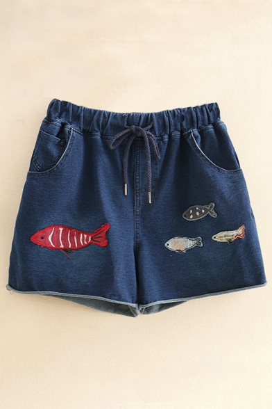 Fish Embroidered Drawstring Waist Loose Leisure Shorts