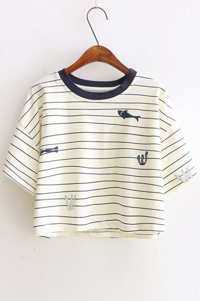 Fish Plant Printed Round Neck Short Sleeve Striped Crop Tee