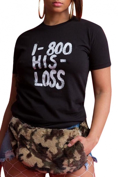 HIS LOSS Letter Printed Round Neck Short Sleeve Tee