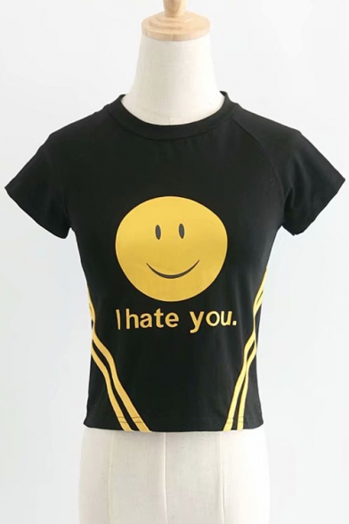 I HATE U Letter Smile Face Contrast Striped Printed Round Neck Short Sleeve Crop Tee