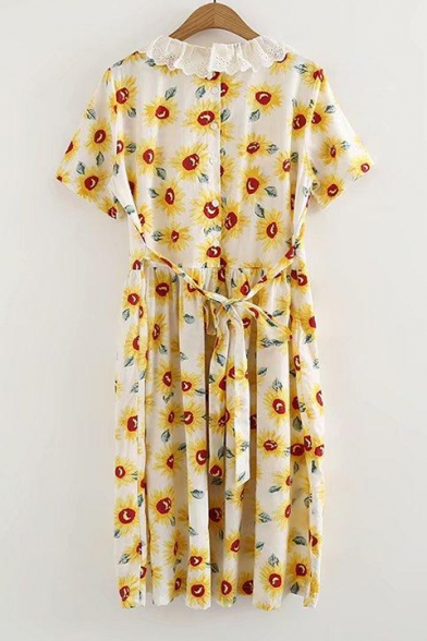 Lace Insert Doll Collar Sun Flower Printed Short Sleeve Midi A-Line Dress
