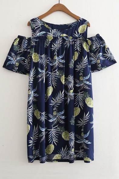Leaf Pineapple Printed Round Neck Cold Shoulder Mini A-Line Dress