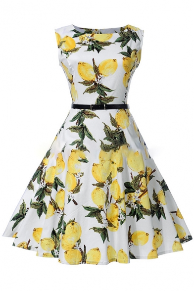 Lemon Printed Round Neck Sleeveless Midi A-Line Dress