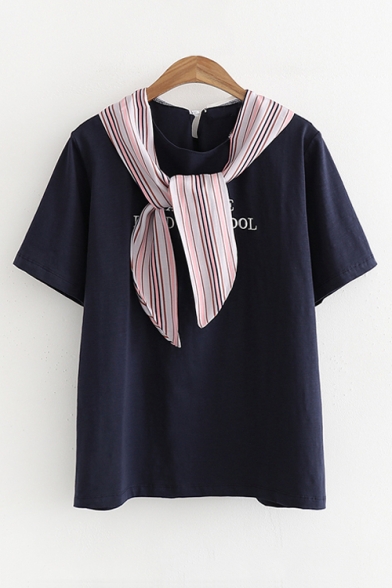 Letter Embroidered Striped Printed Tie Embellished Round Neck Short Sleeve Tee