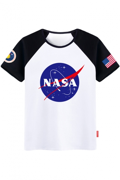 NASA Starry Pattern Color Block Short Sleeve Round Neck Tee
