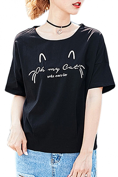 OH MY CAT Letter Printed Round Neck Short Sleeve Tee
