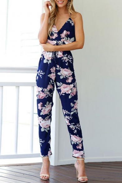 Spaghetti Straps Sleeveless Hollow Out Back Floral Printed Jumpsuit