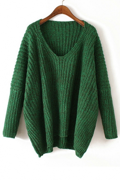 V Neck Long Sleeve Plain Pullover Sweater