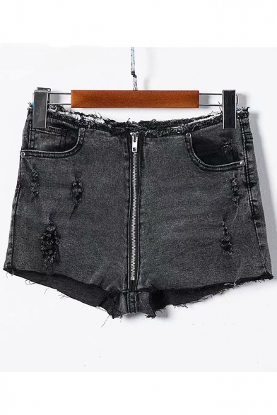 Zipper Front Ripper Detail Hot Pants Skinny Denim Shorts