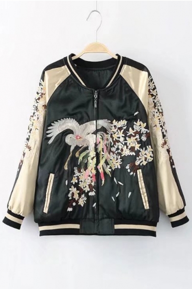Color Block Floral Bird Embroidered Long Sleeve Stand Up Collar Zip Up Baseball Jacket