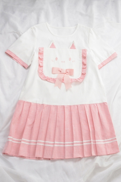 Color Block Round Neck Cat Printed Short Sleeve Mini A-Line Dress