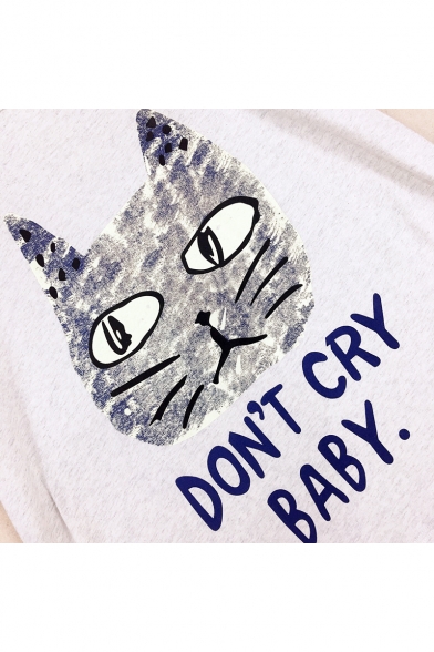 DON'T CRY BABY Letter Cat Printed Round Neck Short Sleeve Tee