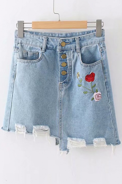 Floral Embroidered Button Fly Cut Out Detail Mini Asymmetric Denim Skirt