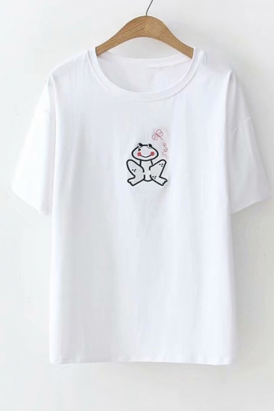 Frog Butterfly Embroidered Round Neck Short Sleeve Tee