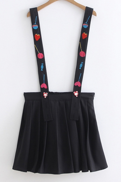 Heart Strawberry Embroidered Straps Sleeveless Mini Overall Skirt