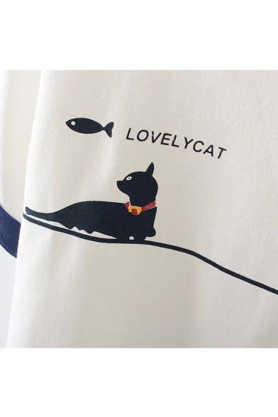 LOVELY CAT Letter Contrast Trim Cat Printed Round Neck Short Sleeve Tee
