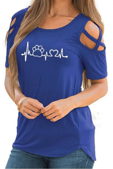 Paw Heart Wave Printed Round Neck Hollow Out Short Sleeve Leisure Tee