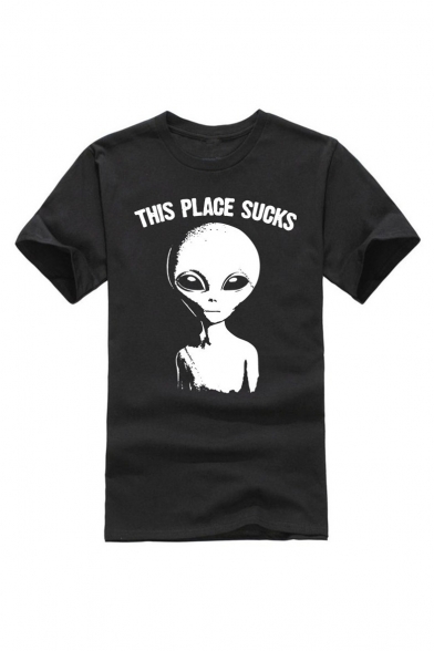 THIS PLACE SUCKS Letter Alien Printed Round Neck Short Sleeve Tee