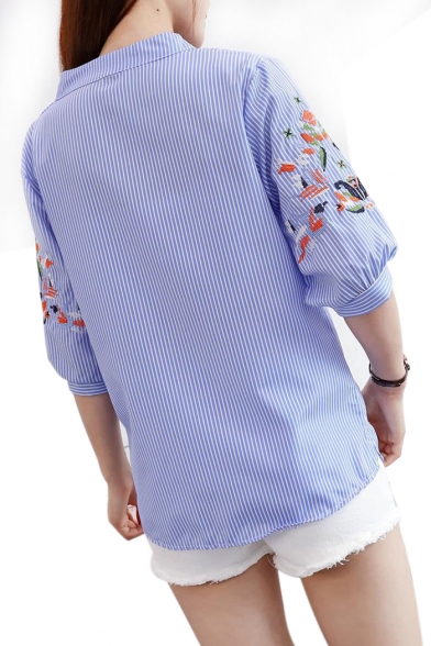 V Neck 3/4 Length Sleeve Floral Embroidered Striped Printed Blouse