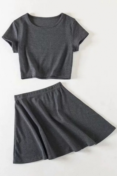 Basic Plain Round Neck Short Sleeve Crop Tee with Mini A-Line Skirt Co-ords